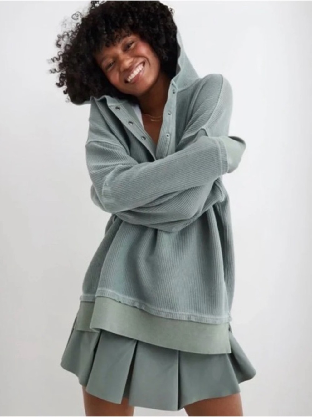 Aerie Textured Henley Hoodie in Seafoam Green